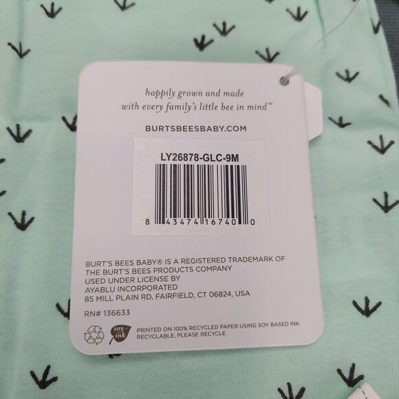 Burt's Bees One Piece Organic Cotton Romper With Hat Set Teal & Gray Size 6-9M - Picture 5 of 6